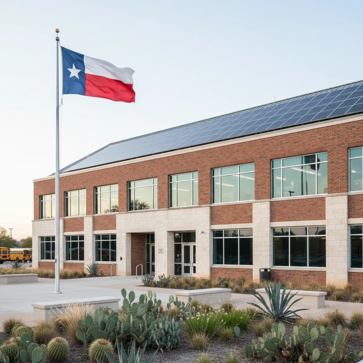 Texas public school with rooftop solar and energy-efficient HVAC — LoanSTAR funded retrofit