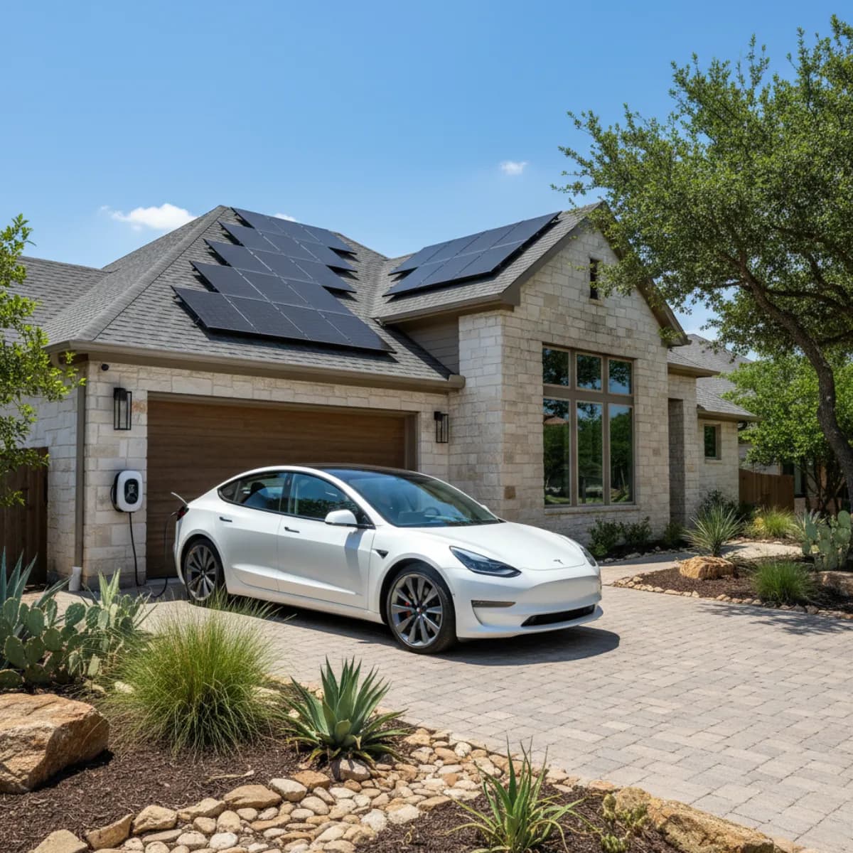 Electric vehicle charging at a Texas home with rooftop solar panels