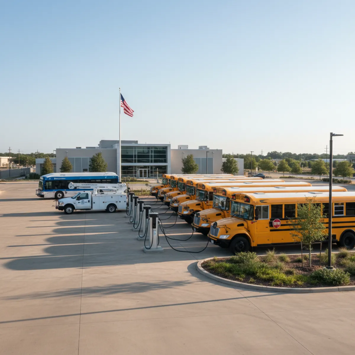 Texas municipal electric fleet trucks parked at a government depot with EV charging stations — TCEQ GAFF-funded project