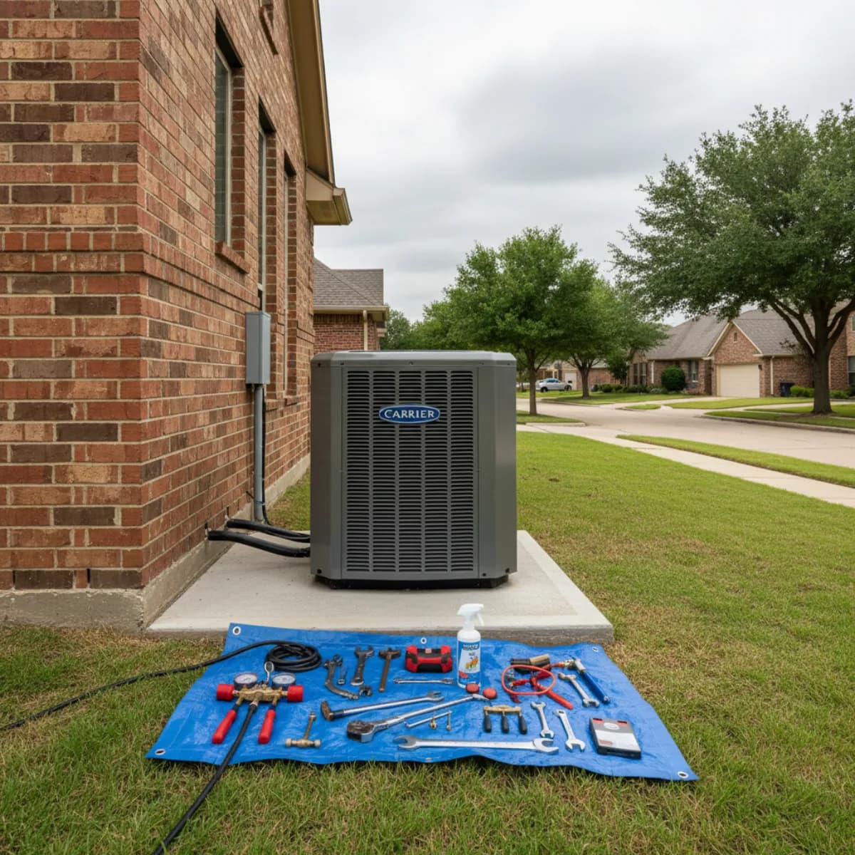 Texas heat pump installation with IRA rebate status tracker overlay