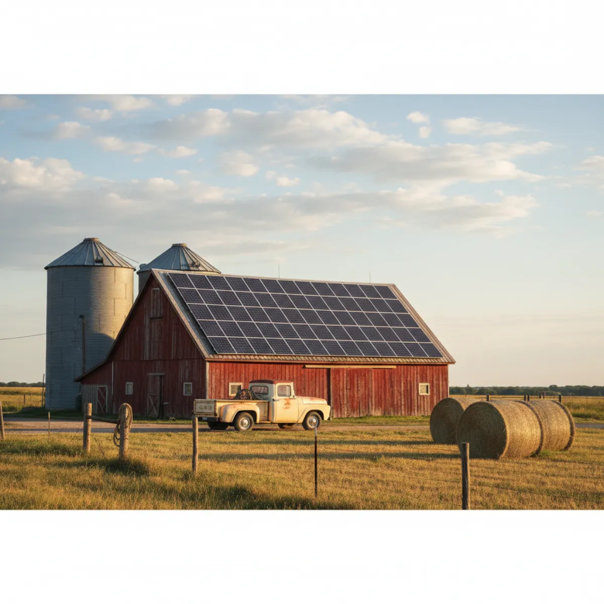 Texas farm with rooftop solar on barn and grain silos — USDA REAP grant eligible project