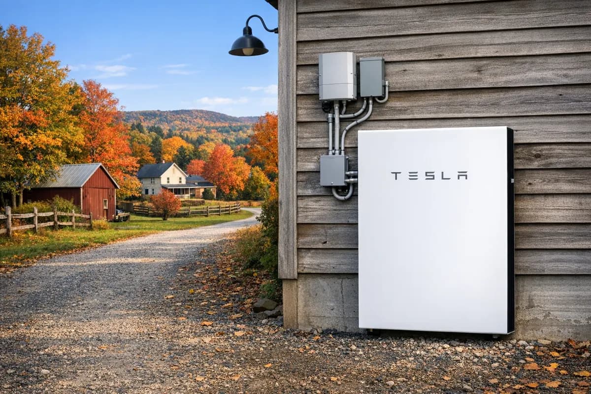 Home battery storage system on a Vermont farmhouse with Green Mountains