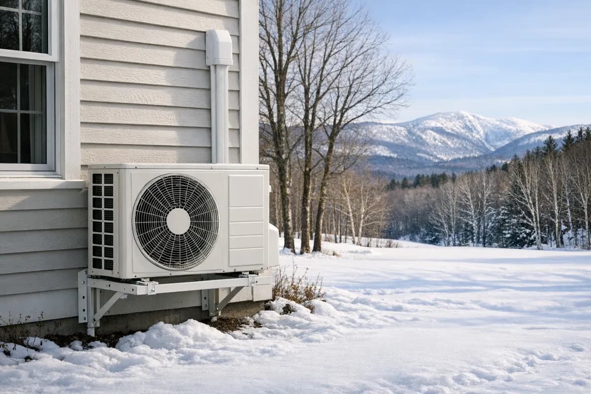 Heat pump installed on a Vermont home in winter with snow-covered Green Mountains