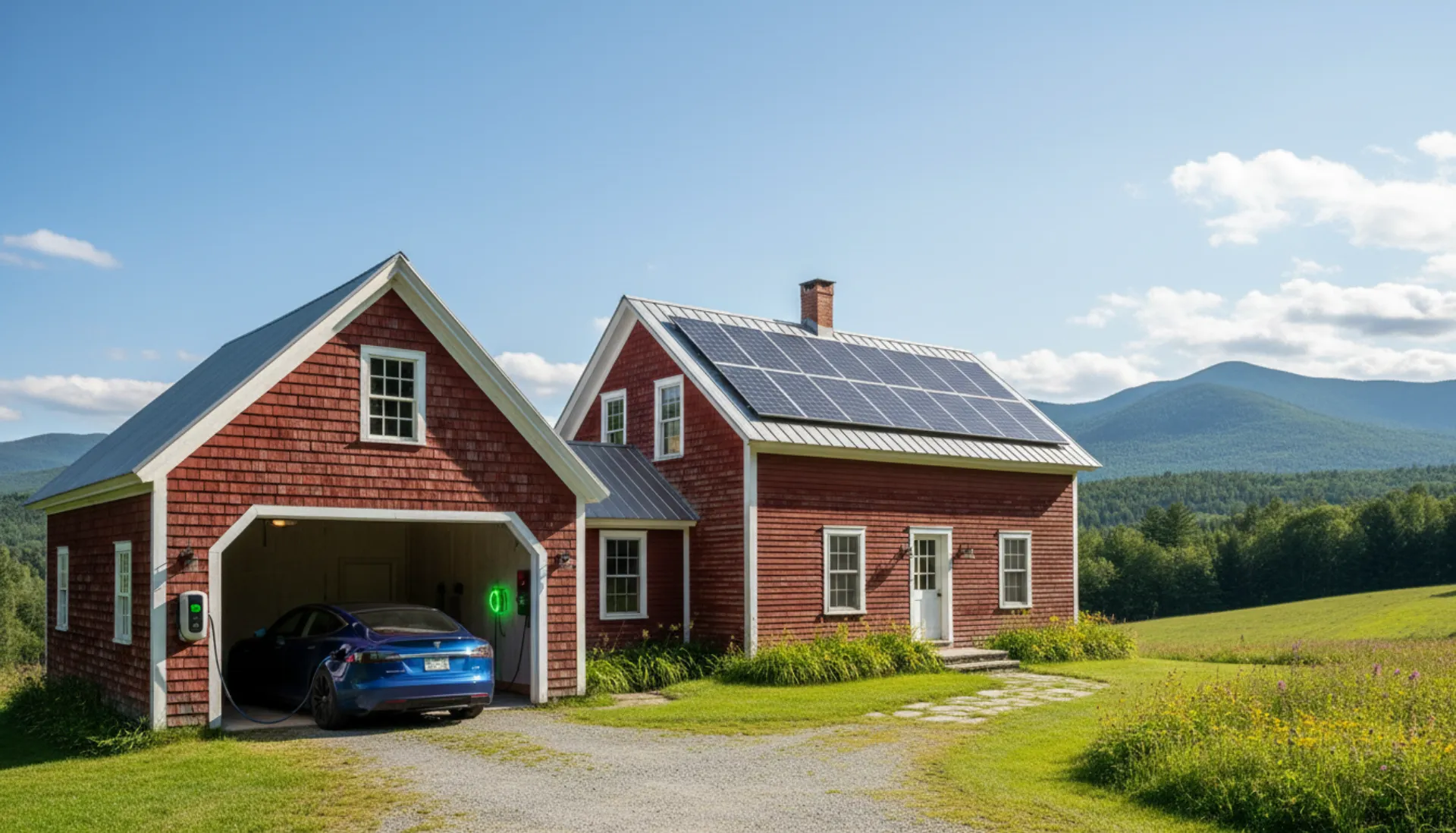 Vermont home with solar panels and electric vehicle plugged into Level 2 charger