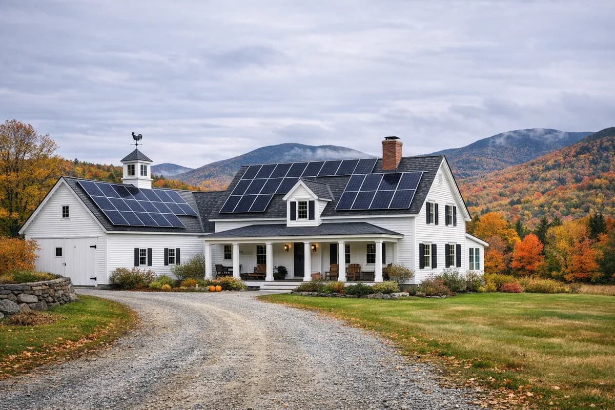 Solar panel installation on a Vermont farmhouse with Green Mountains in background