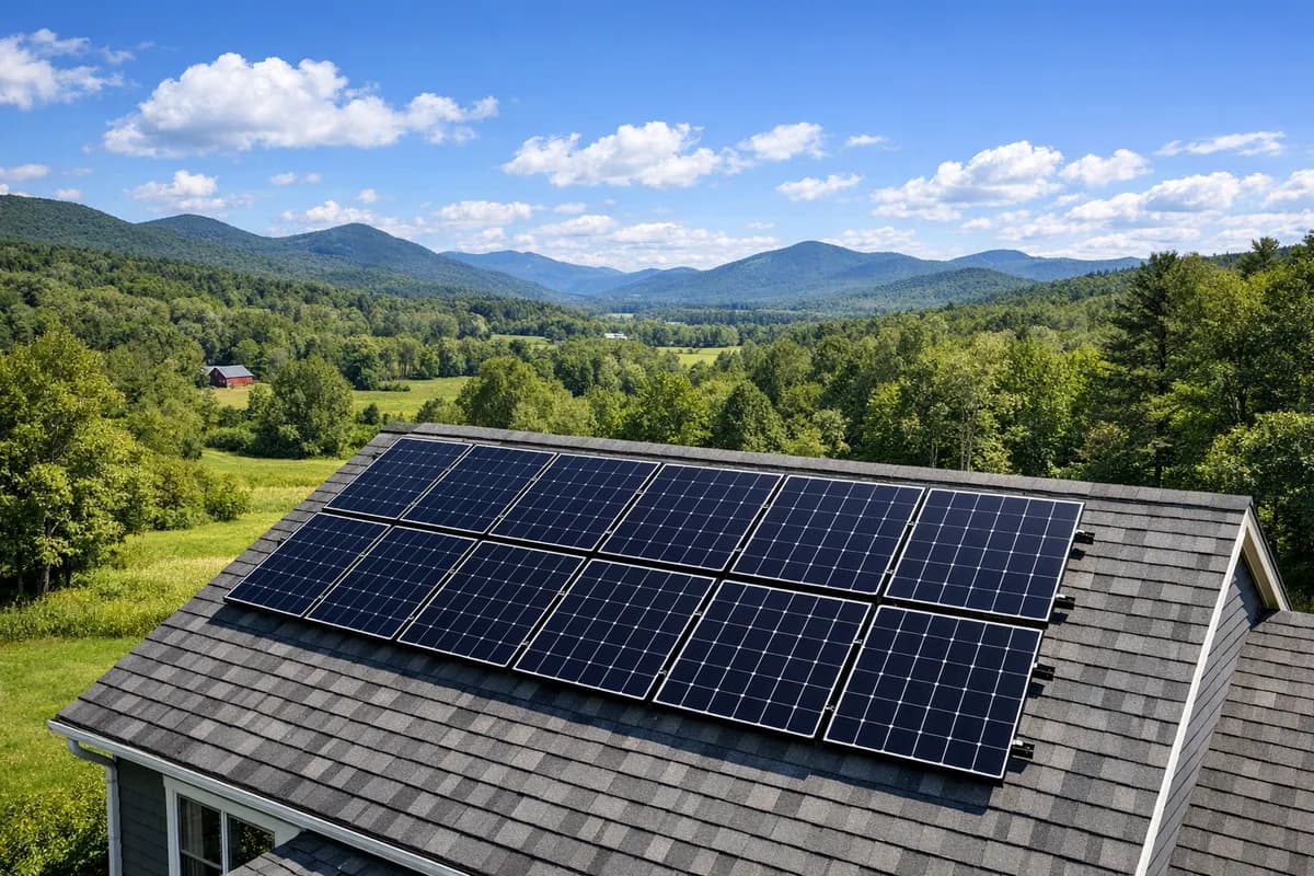 Solar panels on a Vermont home with Green Mountains landscape