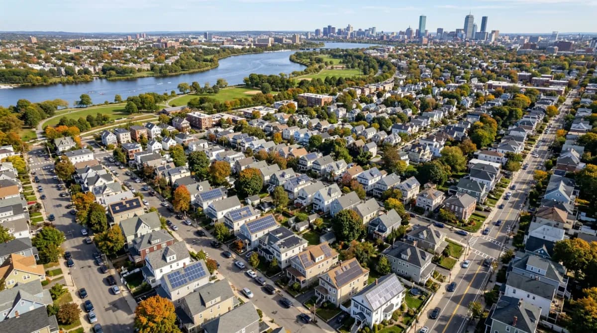 Aerial view of Watertown Massachusetts with solar panels on residential rooftops
