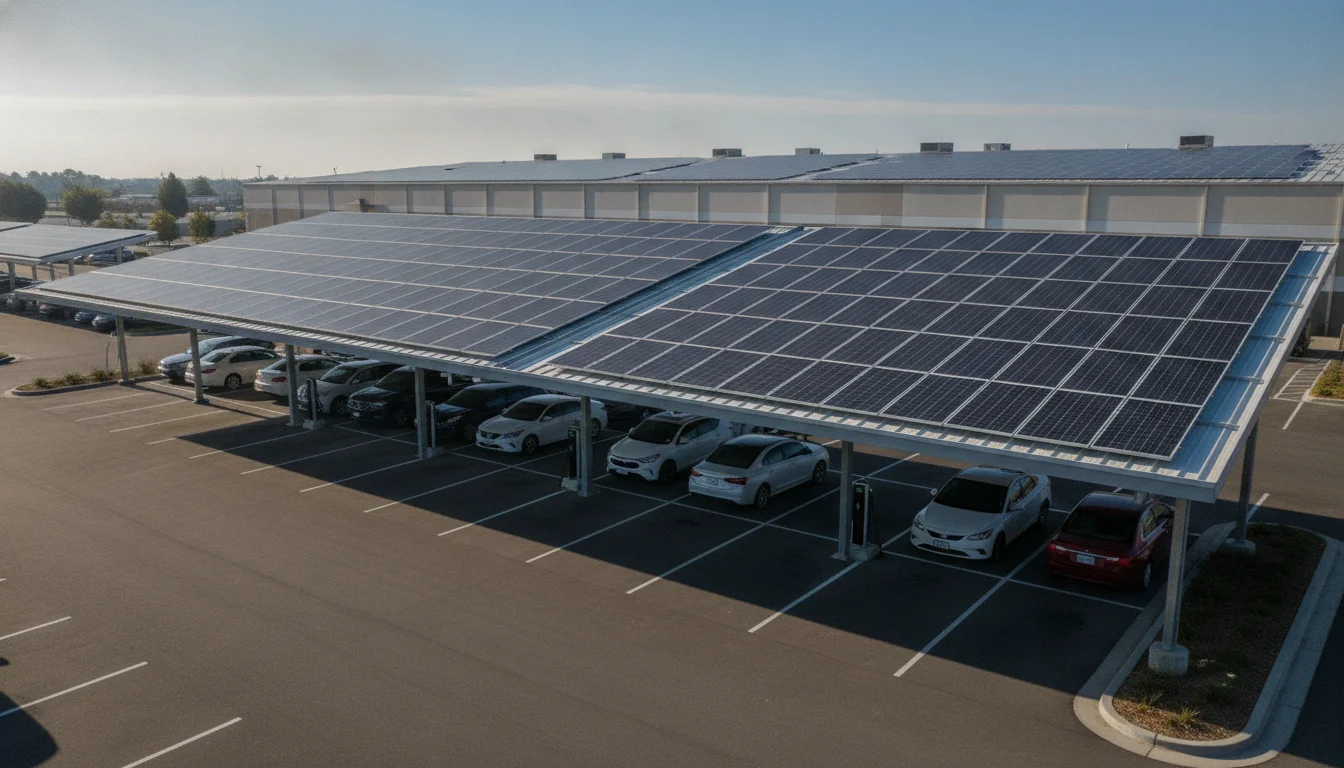 Solar carport canopies over a commercial parking lot with a rooftop solar array on the warehouse behind