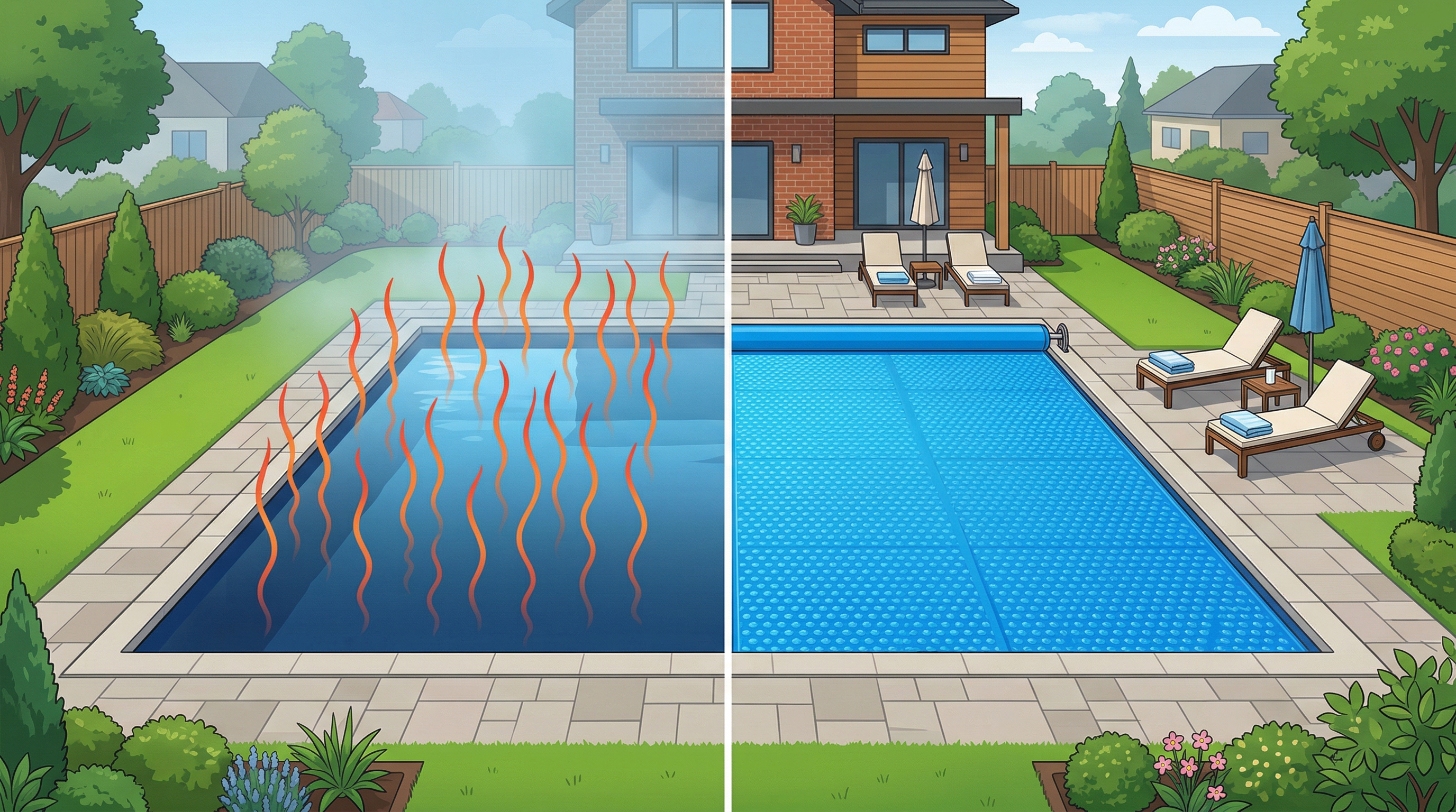 Illustration showing how a solar pool cover reduces heat loss by trapping warmth and reducing evaporation