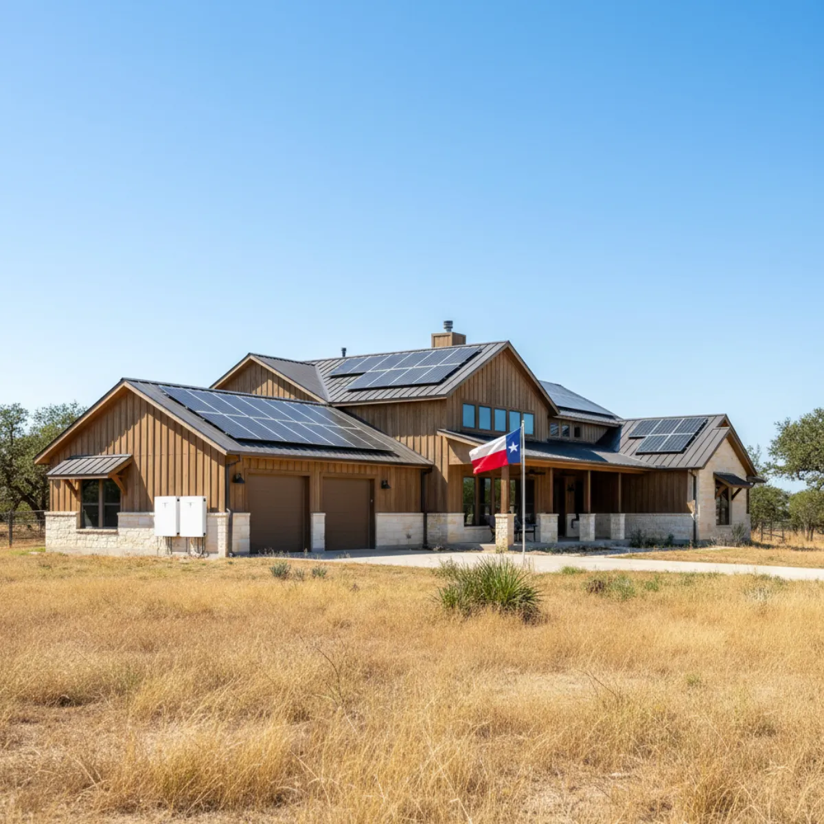 Tesla Powerwall battery system installed in a Texas home with solar panels on the roof
